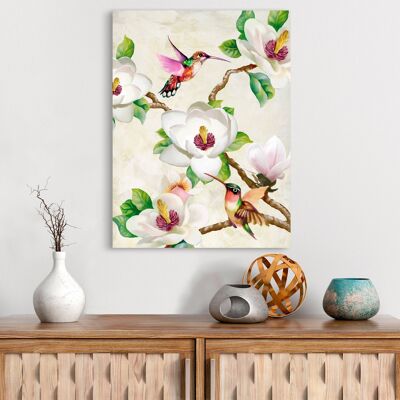 Tableau floral moderne, impression sur toile : Terry Wang, Fleurs de magnolia et colibris