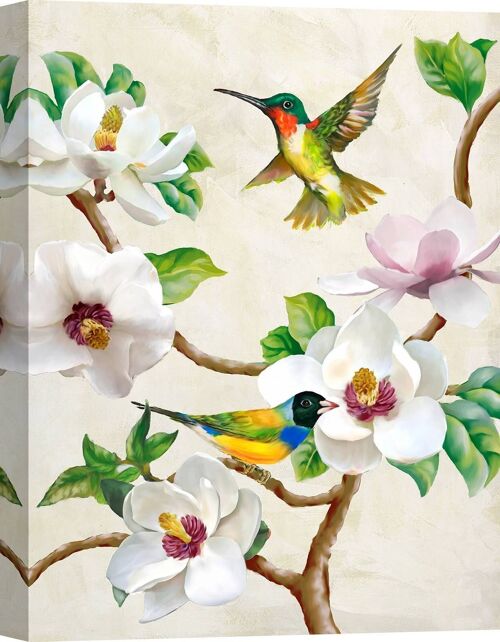 Quadro moderno floreale, stampa su tela: Terry Wang, Fiori di magnolia ed uccellini
