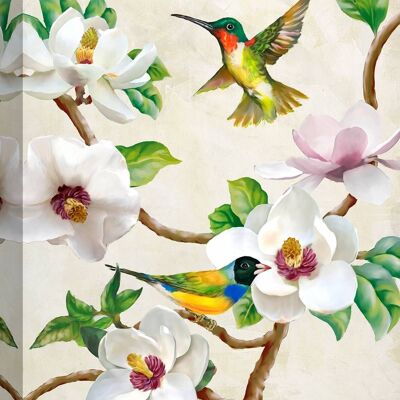 Moderne Blumenmalerei, Druck auf Leinwand: Terry Wang, Magnolienblüten und Vögel