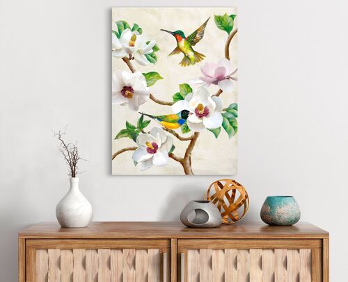 Quadro moderno floreale, stampa su tela: Terry Wang, Fiori di magnolia ed uccellini