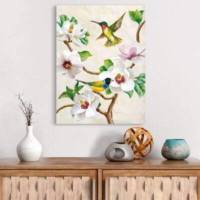 Moderne Blumenmalerei, Druck auf Leinwand: Terry Wang, Magnolienblüten und Vögel