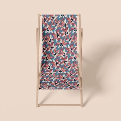 Deck chair, outdoor furniture, vintage floral pattern, blue, pink, beech wood, polyester - Cléore model