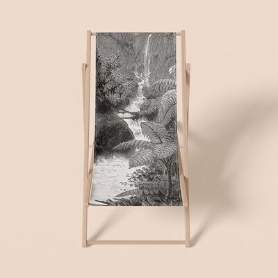 Folding deckchair, jungle spirit, black and white, beech wood and polyester - Ceylan 1 model