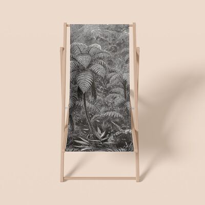 Folding deckchair, tropical style, black & white, beech wood and polyester - Ceylan 2 model
