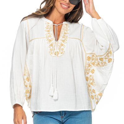 BLOUSE UNIE BRODÉE 100% COTON AJ5040B_CRUDO