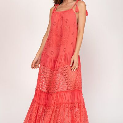 EINFACHES KLEID MIT STICKEREI 80 % BAUMWOLLE 20 % NYLON IC7379V_CORAL