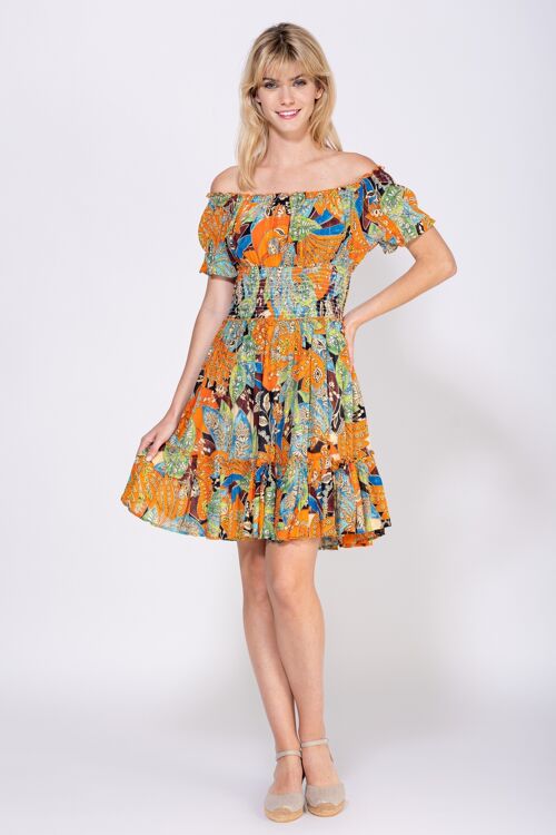 VESTIDO ESTAMPADO CORTO 100% VISCOSA PR7334V_NARANJA