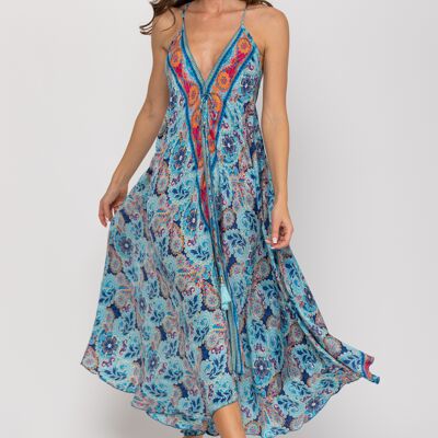 LONG PRINTED DRESS 100% POLYESTER U7310V_TURQUOISE