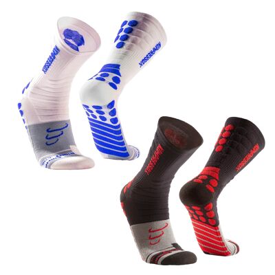 Chaussettes de compression Sigma I longues, chaussettes de sport légères, chaussettes fonctionnelles respirantes avec protection anti-ampoules, chaussettes de course de triathlon 2 paires, pour femmes et hommes - blanc/bleu/noir/rouge | SILVERA NANOTECH