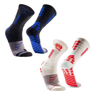 Chaussettes de compression Sigma I longues, chaussettes de sport légères, chaussettes fonctionnelles respirantes avec protection anti-ampoules, chaussettes de course de triathlon 2 paires, pour femmes et hommes - noir/bleu/blanc/rouge | SILVERA NANOTECH