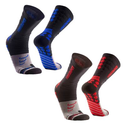 Chaussettes de compression Sigma I longues, chaussettes de sport légères, chaussettes fonctionnelles respirantes avec protection anti-ampoules, chaussettes de course triathlon 2 paires, pour femmes et hommes - noir/bleu/rouge | SILVERA NANOTECH