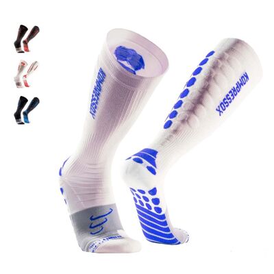 Calze a compressione Atlas Pro, Calze a compressione Calze di sostegno per corsa, Volo sportivo, Viaggi, Ciclismo, Calze da corsa per donna e uomo - Bianco/Blu | SILVERA NANOTECNOLOGICO