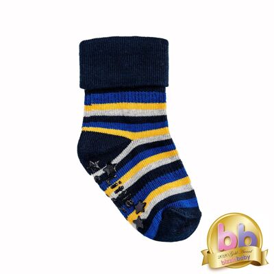Rutschfeste Stay-On-Socken mit Streifen in Grau, Blau und Senf