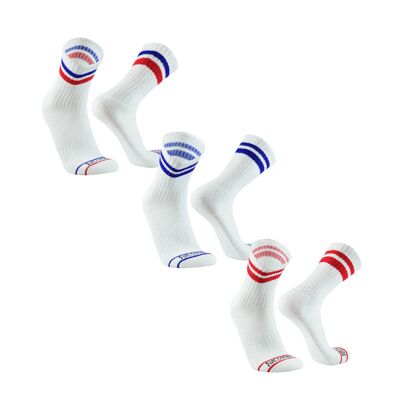 Stripes I 3 Paar Sportsocken, Tennissocken, Arbeitssocken Yoga Baumwolle Atmungsaktiv für Damen und Herren  - Weiß/Blau/Rot