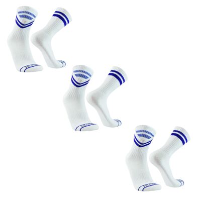 Stripes I 3 paires de chaussettes de sport, chaussettes de tennis, chaussettes de travail yoga coton respirant pour femme et homme 35-41 42-49 - blanc/bleu