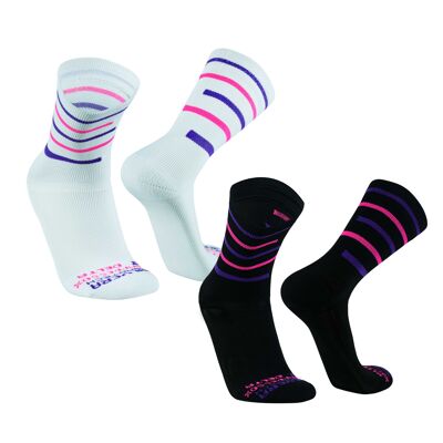 Delta I calcetines deportivos calcetines de running largos y ligeros con protección anti-ampollas, calcetines de running transpirables, calcetines de compresión 2 pares, para mujer y hombre - BW/Fuchsia/Purple | NANOTECNOLOGÍA DE PLATA