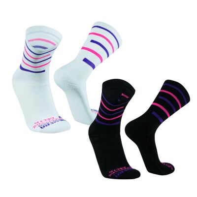 Delta I Sportsocken lang, leichte Running Socks mit Anti-Blasenschutz, atmungsaktive Laufsocken, Compression Socks 2 Paar, für Damen und Herren - BW/Fuchsia/Lila | SILVERA NANOTECH