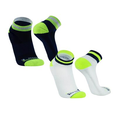 Gamma I sports socks short, light running socks, breathable functional socks with anti-blister protection, running ankle socks 2 pairs, for women and men - navy/neon yellow | SILVERA NANOTECH