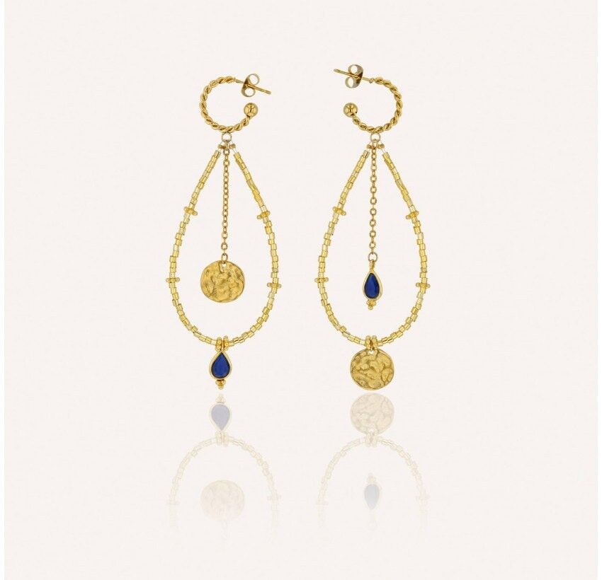 Lange goldene PERLA-Ohrringe aus MURANO-Glasperlen und blauem Achat