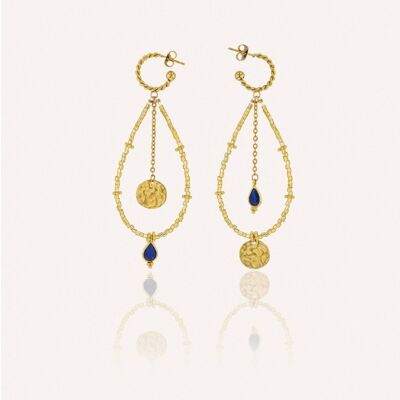 Boucles d'oreilles longues dorées PERLA en perles de verre de MURANO et agate bleue