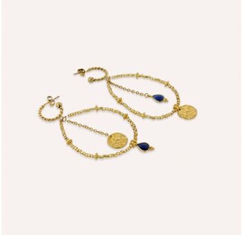 Boucles d'oreilles longues dorées PERLA en perles de verre de MURANO et agate bleue 2