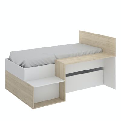 Cama Juvenil con escritorio Mak - Roble Natural - Blanco