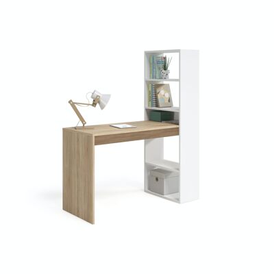 Mesa escritorio reversible con estantería Gio Plus - Blanco Artik y Roble Canadian