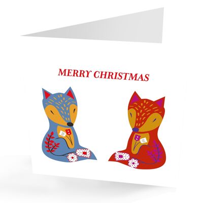 Biglietto di auguri di buon Natale con simpatiche volpi scandinave