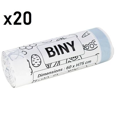 Set de 20 bolsas de basura blancas 50L 60 x H75 CM BINY Ultra resistentes 23 micras con cordón