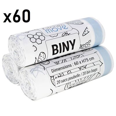 Set di 60 sacchi immondizia bianchi 50L 60 x H75 CM BINY Ultra resistente 23 micron con coulisse