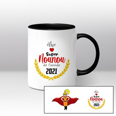 Mug Blanc et Noir, "élue super nounou de l'année" + année courante