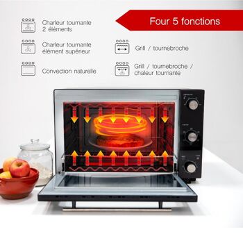 Four multifonction 58L chaleur tournante tournebroche grill 2000W ARIZONA noir 5 programmes de cuisson avec minuterie et accessoires 5