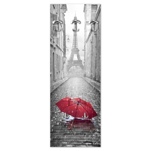Appendiabiti da parete 49X139 cm Umbrella Paris a pannello con stampa, guardaroba, attaccapanni muro con 5 ganci
