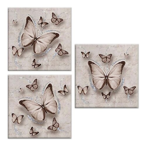 Set 3 pezzi Quadri su tela tema farfalle Canvas Day Brillant con glitter 38x38 cm BUTTERFLY SHABBY