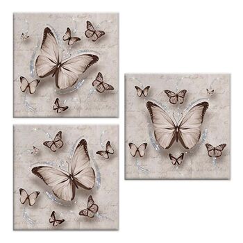 Set 3 toiles sur le thème Papillons Canvas Day Brillant à paillettes 38x38 cm BUTTERFLY SHABBY 1