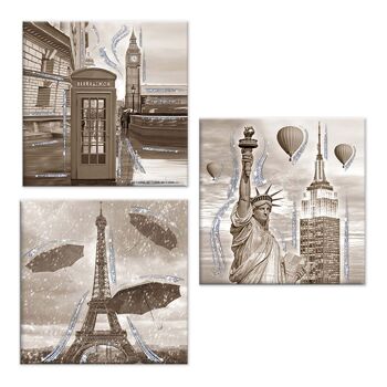 Ensemble de 3 tableaux sur toile thème ville Toile Day Brillant à paillettes 38x38 cm CITY SHABBY 1