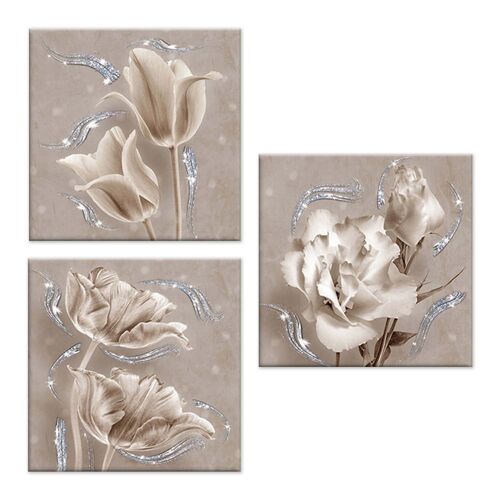 Set 3 pezzi Quadri su tela tema floreale Canvas Day Brillant con glitter 38x38 cm FLOWER SHABBY