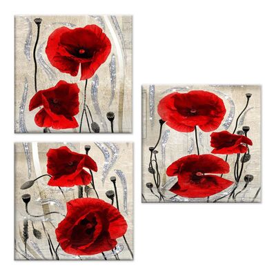 Set 3 pezzi Quadri su tela tema floreale Canvas Day Brillant con glitter 38x38 cm POPPY RED