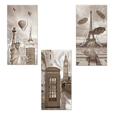 Set 3 pezzi Quadri su tela tema citta' Canvas Day Brillant con glitter 38x75 cm CITY SHABBY