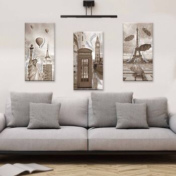 Ensemble de 3 tableaux sur toile thème ville Toile Day Brillant à paillettes 38x75 cm CITY SHABBY 4