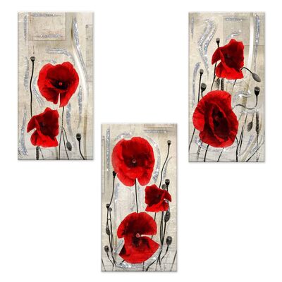 Set 3 pezzi Quadri su tela tema floreale Canvas Day Brillant con glitter 38x75 cm POPPY RED
