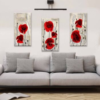Ensemble de 3 tableaux sur toile à thème floral Toile Day Brillant à paillettes 38x75 cm POPPY RED 4