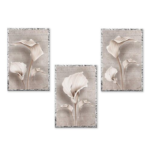 Set 3 quadri moderni in legno con argento Mondie' Fiori cm 31X46 CALLE SHABBY