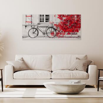 Tableau moderne avec matière en relief impression sur toile Vélo avec fleurs rouges PHOTOS Vélo Bouganville Rouge 2