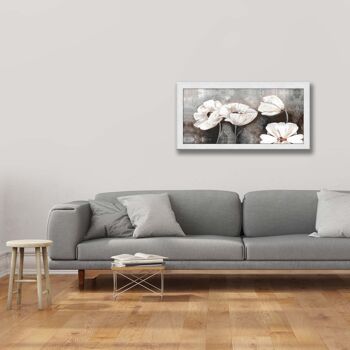 Tableau moderne salon chambre Floral avec cadre shabby BOSTON Gris 60x110 cm PAVOT BLANC impression sur panneau de bois 2