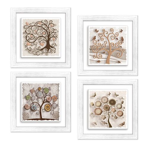 Set 4 QUADRI Albero della vita su CERAMICA cornice Shabby MODERN White TREE