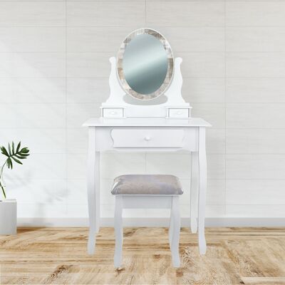 Specchiera Toilette tavolo da Trucco Cosmetici 3 Cassetti con Sgabello e Specchio decorato 75x40x136 cm