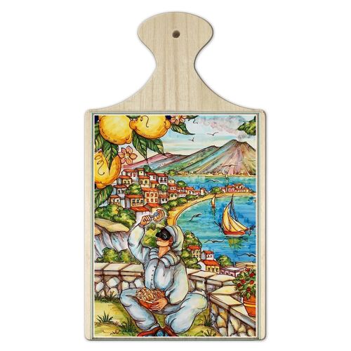 Tagliere in Legno Decorativo con Vetro stampato a colori multiuso con manico 16x29 cm PULCINELLA