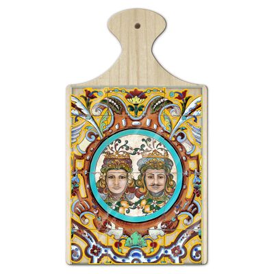 Tagliere in Legno Decorativo con Vetro stampato a colori multiuso con manico 16x29 cm PIASTRELLE MORI SICILIANI