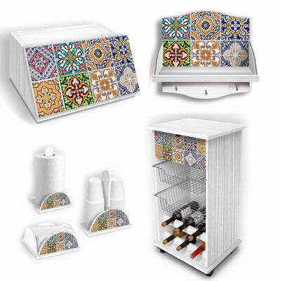 Accessori per la Cucina Linea WHITE TILES multiuso in fibra di legno, organizer per utensili, salvaspazio